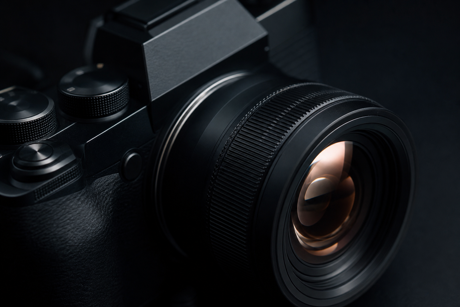 Close-up of a camera with a prime lens in low light