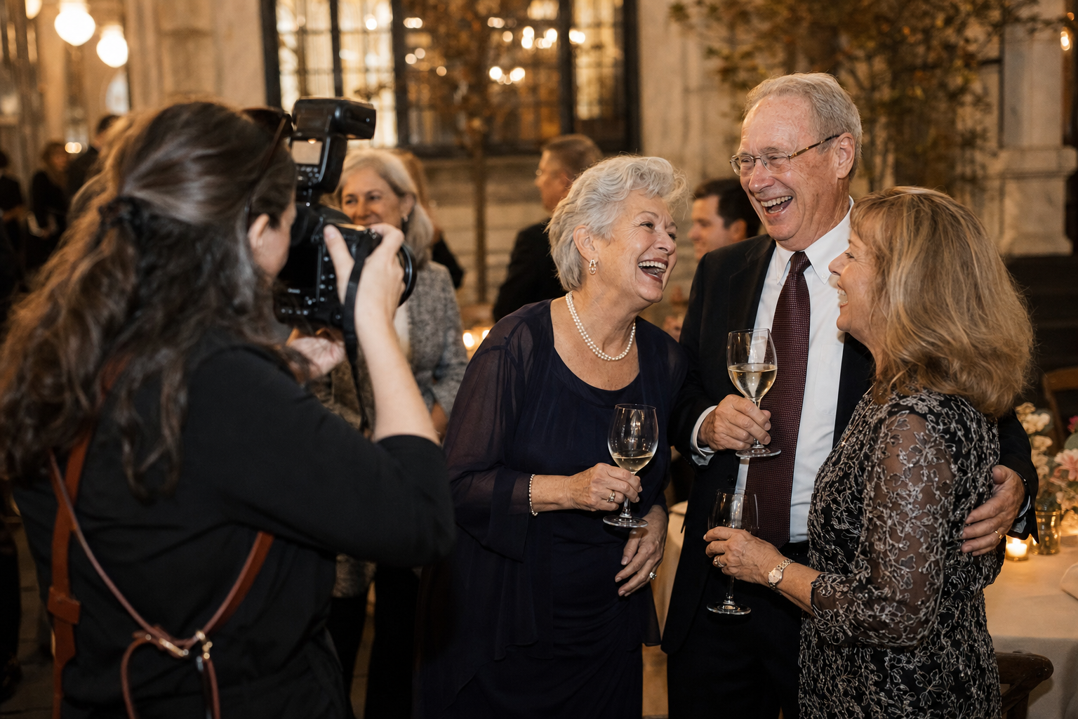 Candid event photographer capturing a genuine laughing moment at a Boston celebration