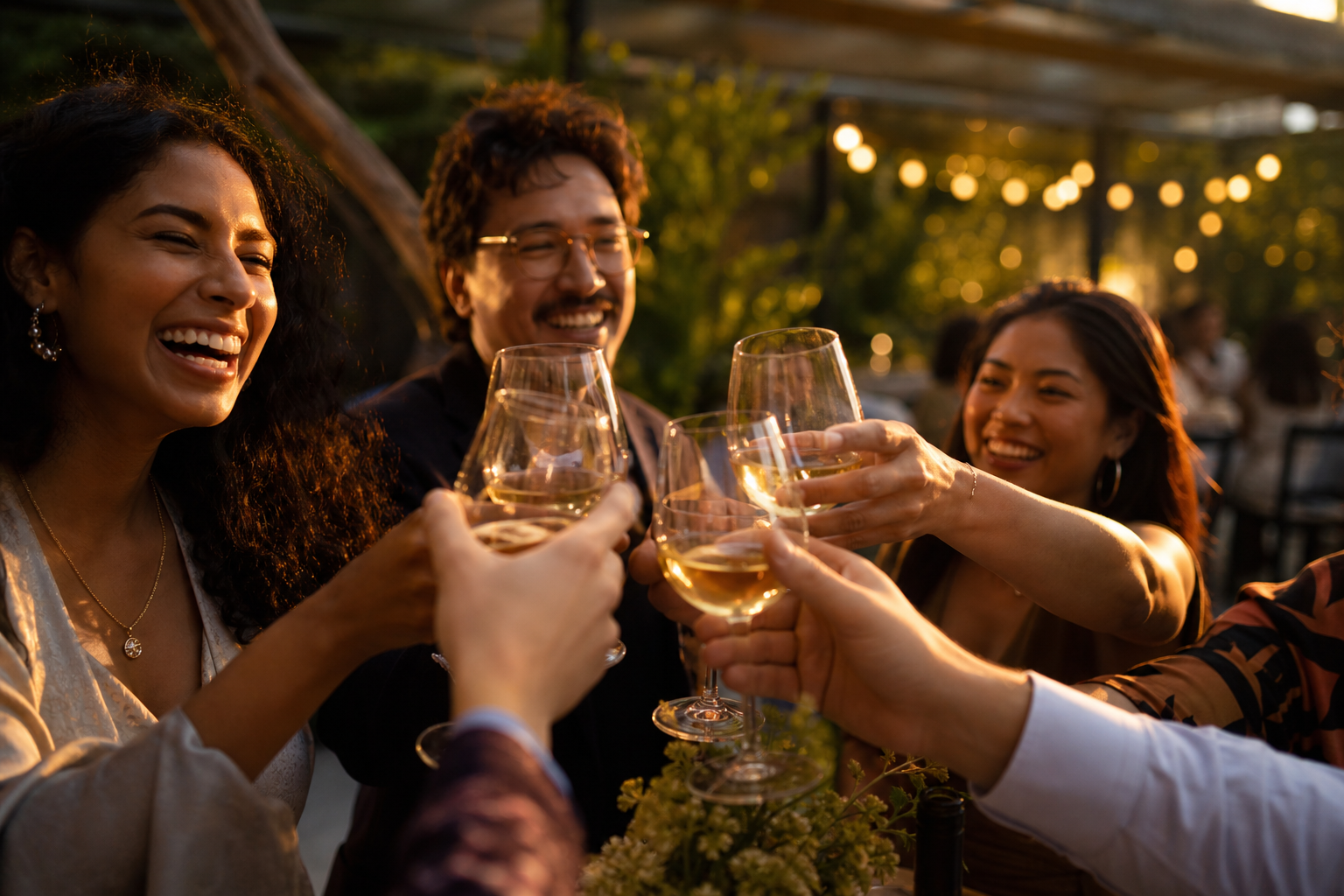 Candid moment of a toast being raised at a Boston gathering